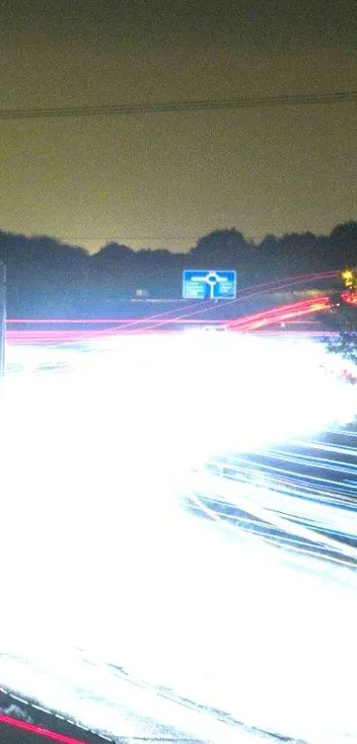 Nighttime highway with light streaks and road signs, vibrant and dynamic.