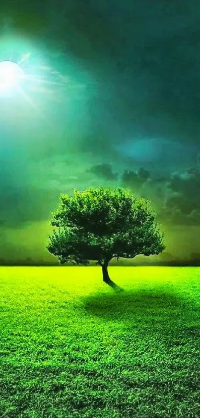 Lone tree under a vivid night sky with green glowing field wallpaper.