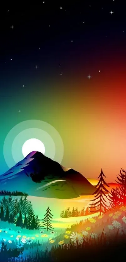 Vibrant night sky over colorful mountain landscape wallpaper.