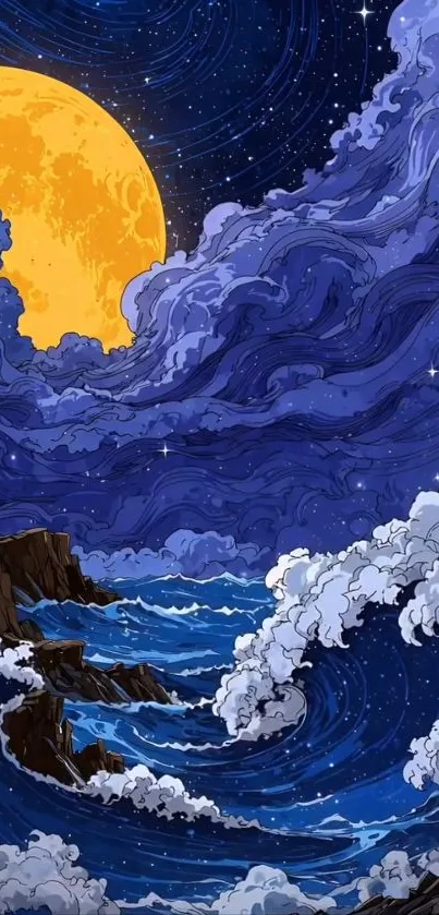Vivid illustration of moonlit ocean under a starry sky.