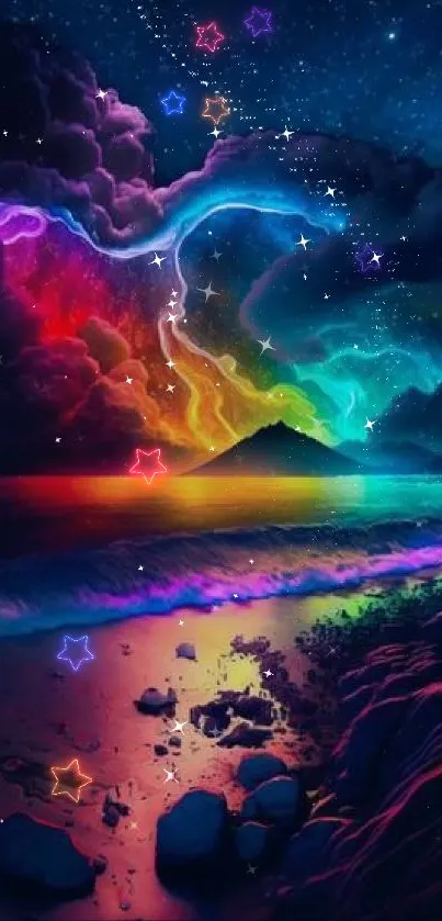 Colorful night sky with luminous waves and vibrant celestial hues on a phone wallpaper.