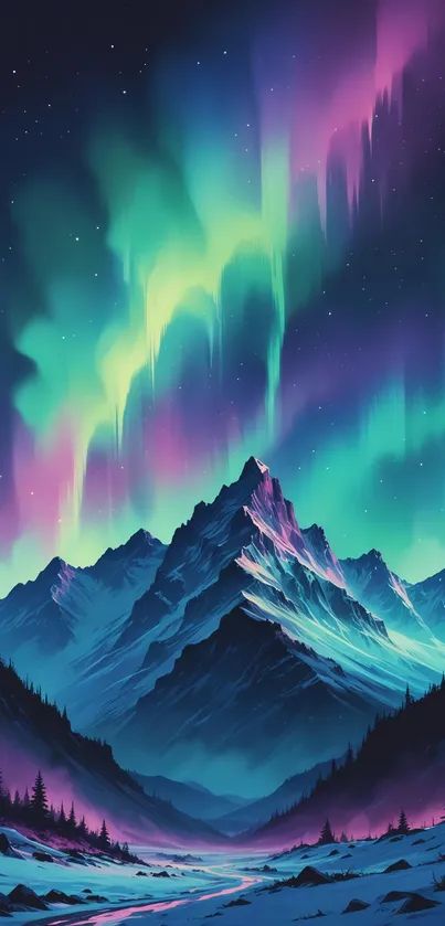 Vivid Northern Lights over mountains wallpaper with colorful sky.