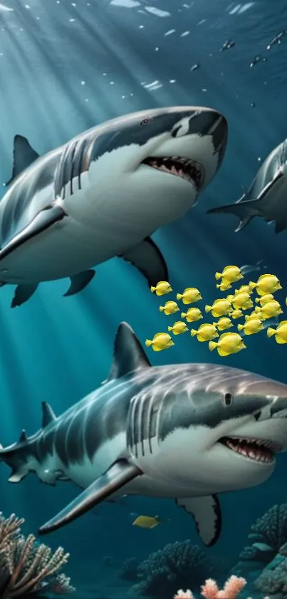 Underwater scene with sharks and yellow fish in a vibrant ocean setting.