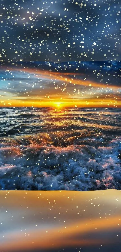 Vivid ocean sunset with waves and a starry sky.