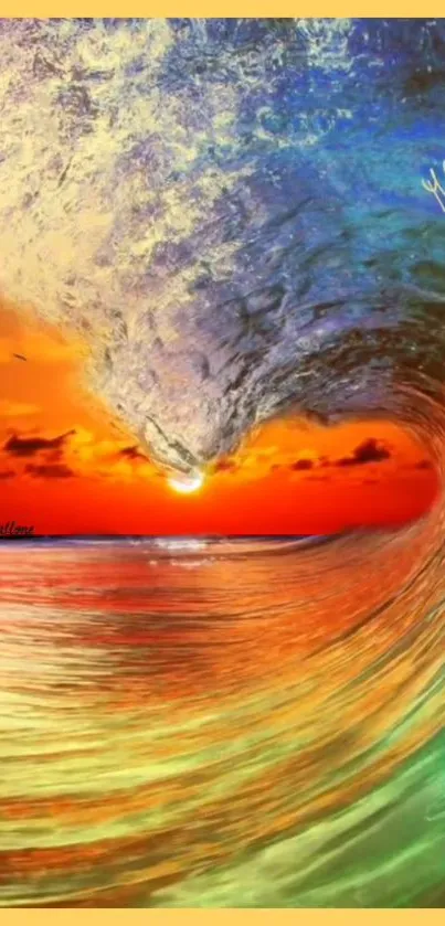 Vivid sunset wave crashing vividly on the ocean shore.