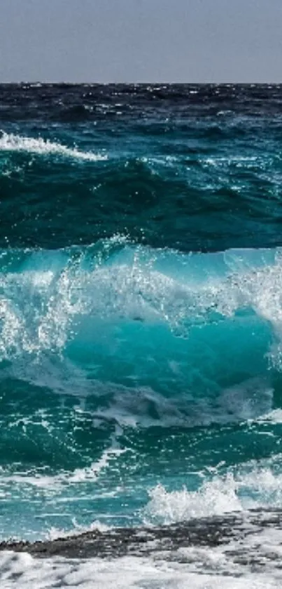 Turquoise ocean wave crashing with dynamic energy on seaside.