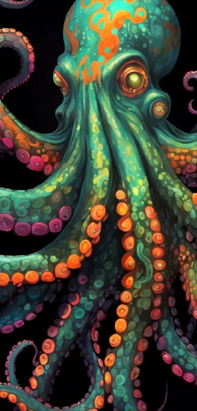 Vibrant octopus art with turquoise hues on black background.