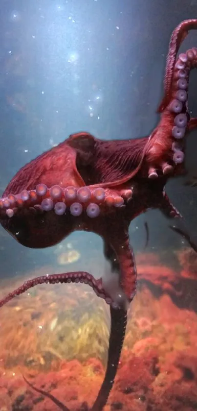 Vivid underwater wallpaper featuring a gracefully swimming octopus.