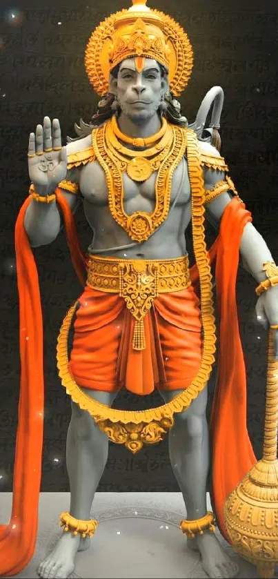 Mobile wallpaper of Lord Hanuman in vibrant orange attire.