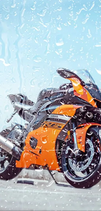 Orange motorcycle with water droplets background