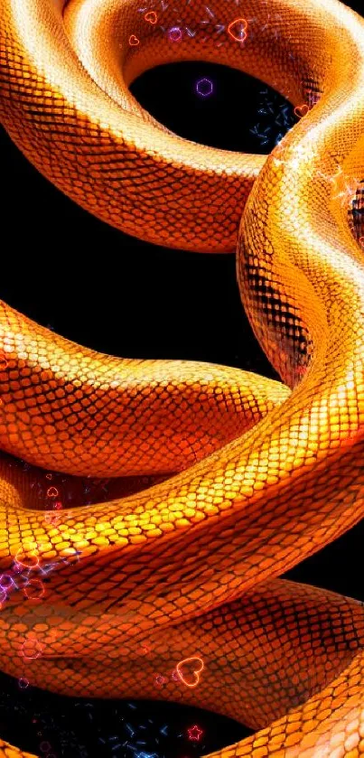 Bright orange snake with elegant curves set against a black background.