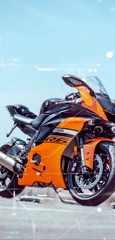 Vivid orange sports bike with futuristic design on a sunny day.