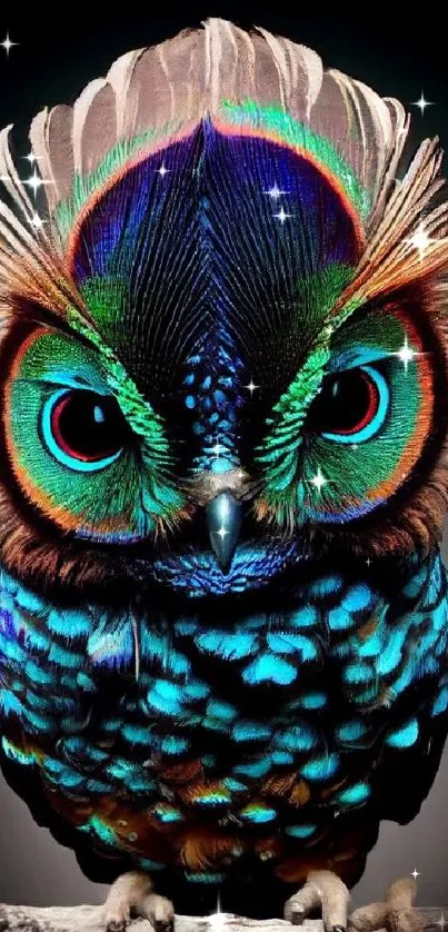 Vivid and colorful owl artwork wallpaper with intricate feather details.