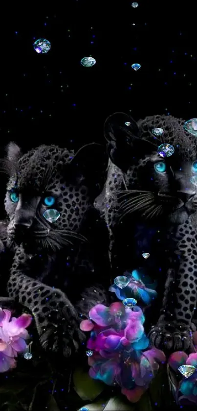 Panthers with blue eyes and purple flowers on dark wallpaper.