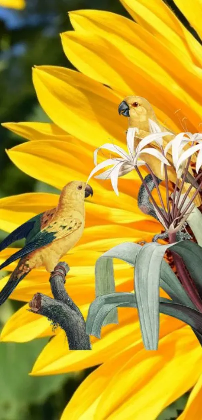 Vibrant yellow sunflower with colorful parrots.