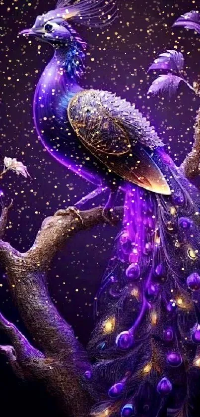 Stunning purple peacock perched on a tree branch in vibrant artistic detail.