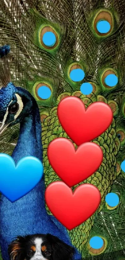 Colorful peacock with vibrant heart shapes.
