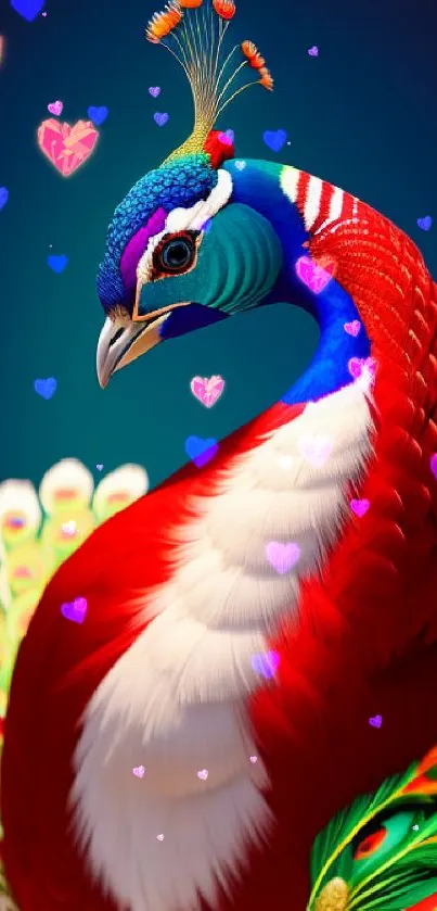 Vividly colored peacock with artistic design in vibrant hues.