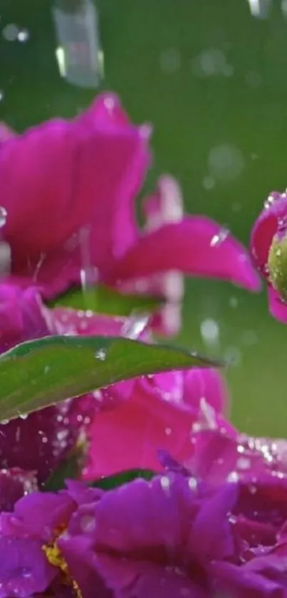 Raindrops on vibrant purple flower petals, creating a nature-inspired mobile wallpaper.