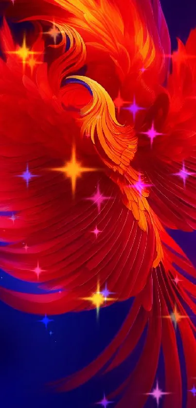 Vibrant red phoenix on a blue background.