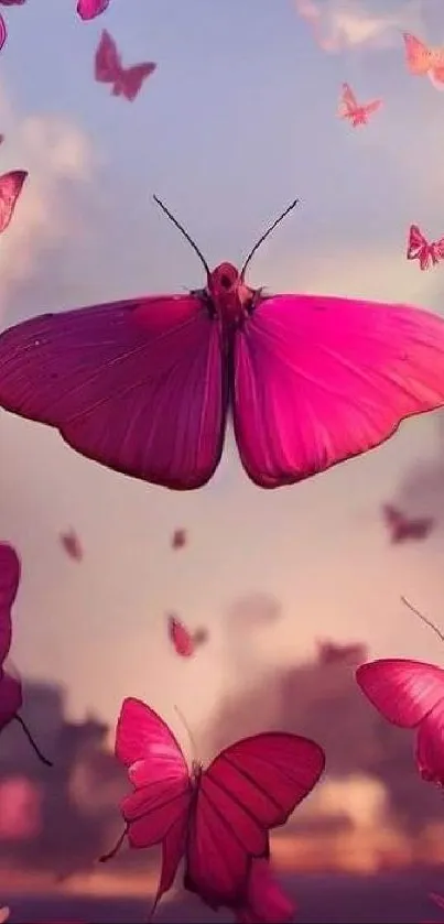 Vibrant pink butterflies gracefully flying in dreamy scene.