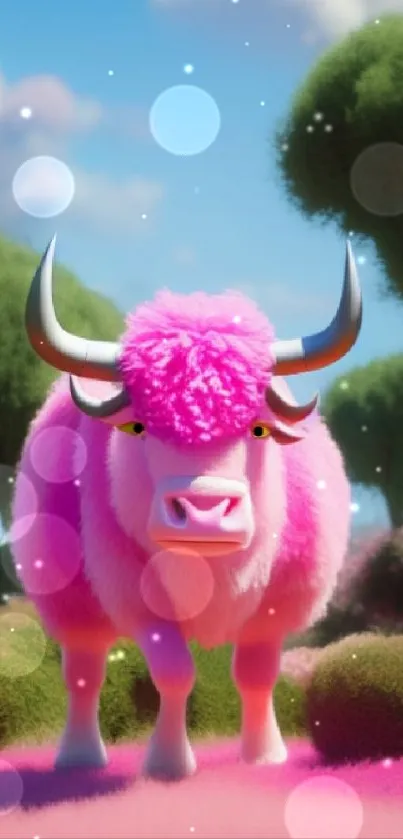 Pink cartoon yak standing in a colorful landscape with trees.