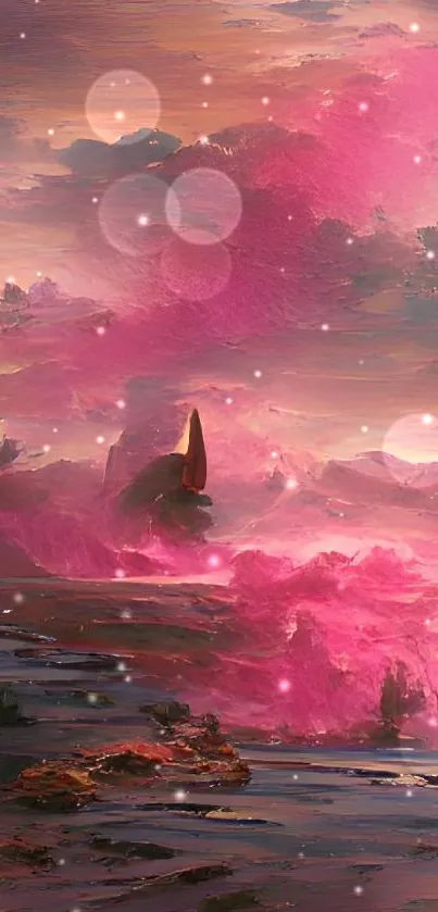 Vibrant pink cloudscape wallpaper art on mobile screen.