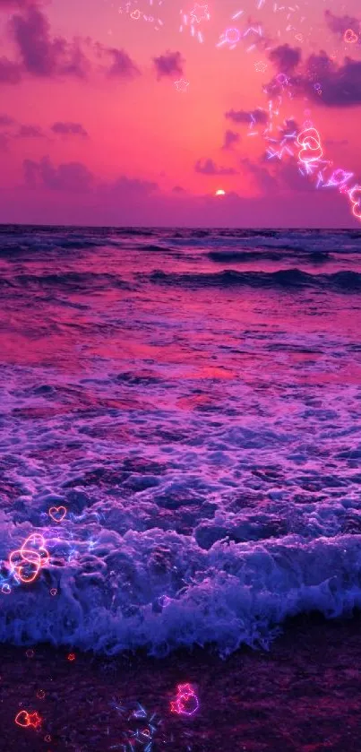 Vivid pink sunset over ocean waves with dramatic sky.