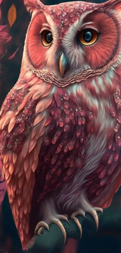 Vibrant pink owl with detailed feathers on a dark floral background.