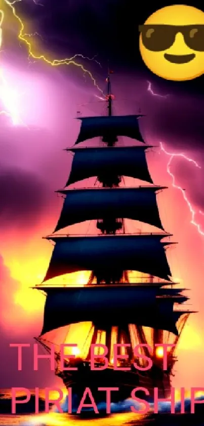 Pirate ship with lightning in vivid purple stormy sky.