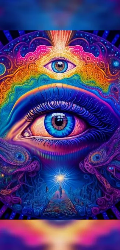 Colorful psychedelic art with a central eye design and vibrant patterns.