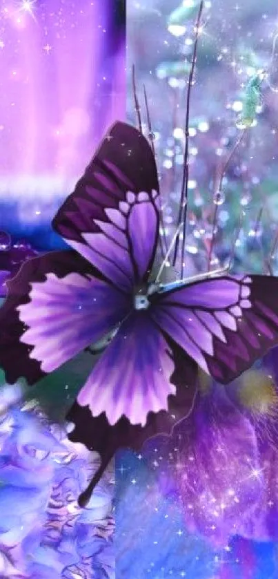 Purple butterfly on vivid flowers wallpaper with dazzling effects.