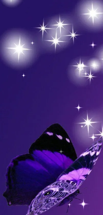 Purple butterfly with stars on a vibrant background.