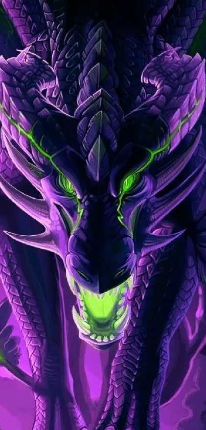 Vivid purple dragon with glowing green eyes, digital fantasy artwork.