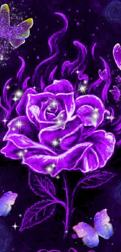 Purple rose with butterflies and cosmic swirls in a fantasy design.