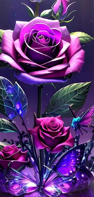 Purple rose with butterflies on a neon background.