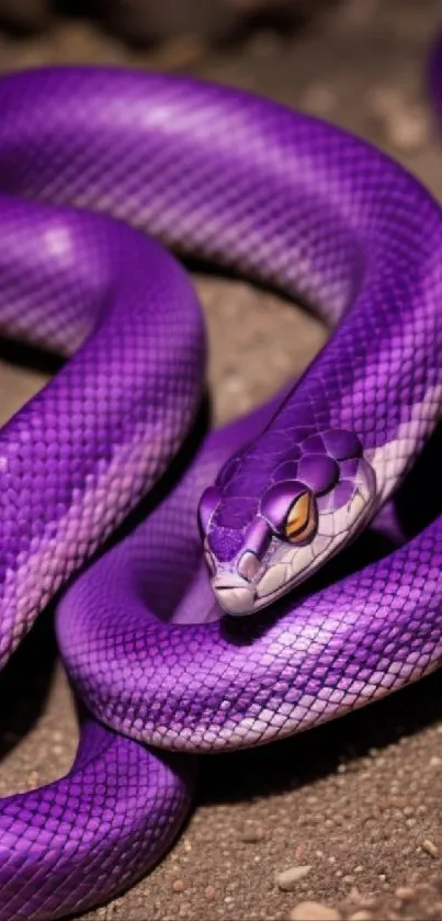 Vivid purple snake coiled on sandy ground.