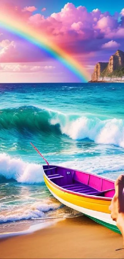 Colorful boat on beach with rainbow and waves.