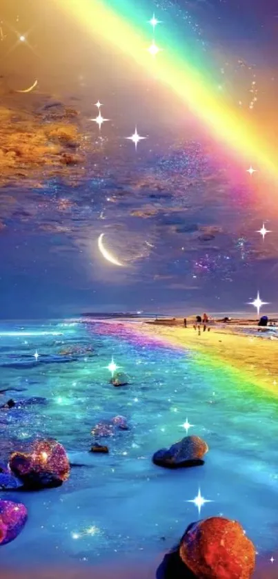 Vivid rainbow over a beach with crescent moon and stars.