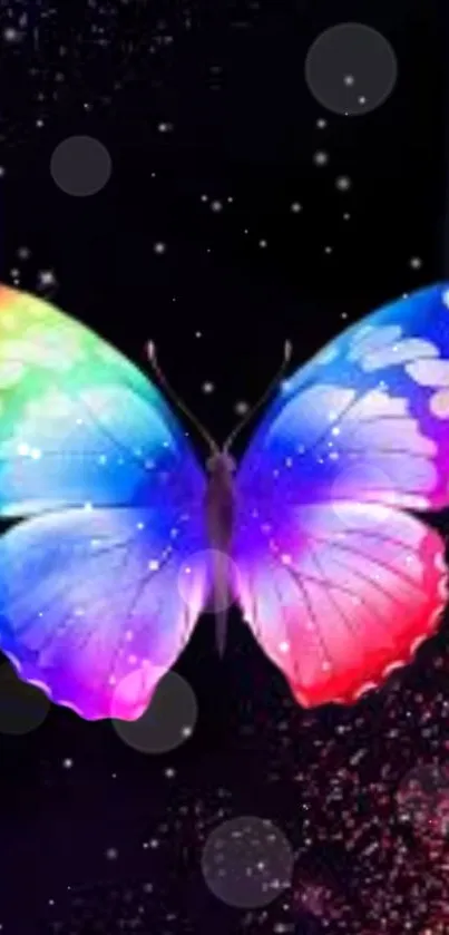 Vibrant rainbow butterfly on black background with cosmic elements.