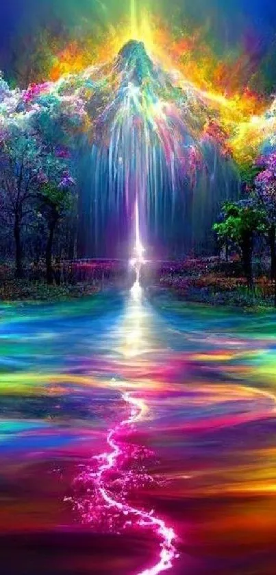 Vivid rainbow dreamscape with colorful fantasy landscape and mystical elements.