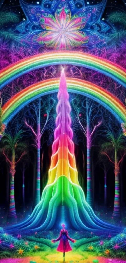 Vibrant rainbow forest with magical landscape and colorful trees.