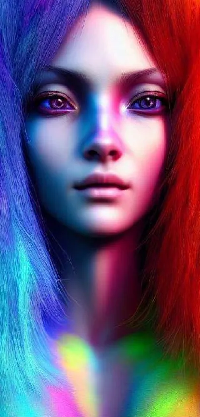 Colorful portrait with rainbow hair on mobile wallpaper.