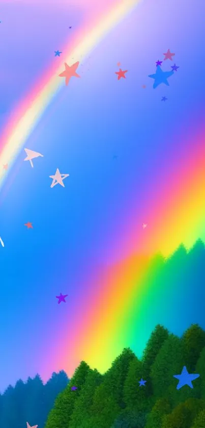 Vivid rainbow over lush green hills.