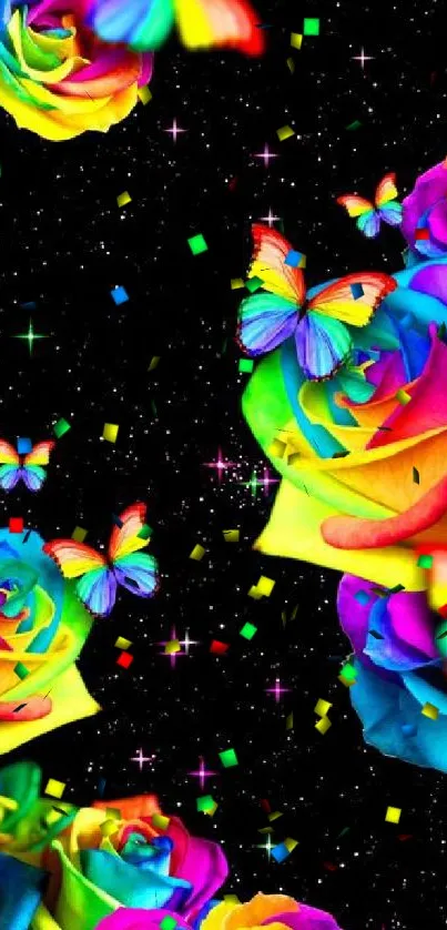 Vibrant rainbow roses and butterflies on starry black background.