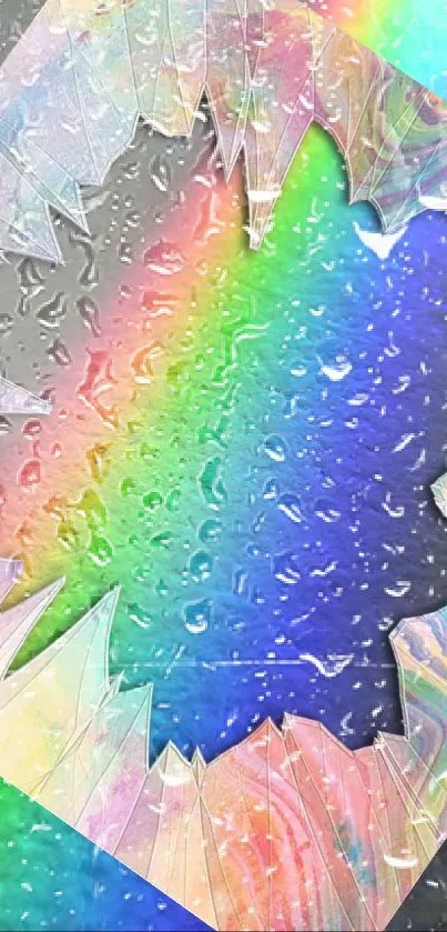 Vibrant rainbow and shattered glass with water droplets mobile wallpaper.