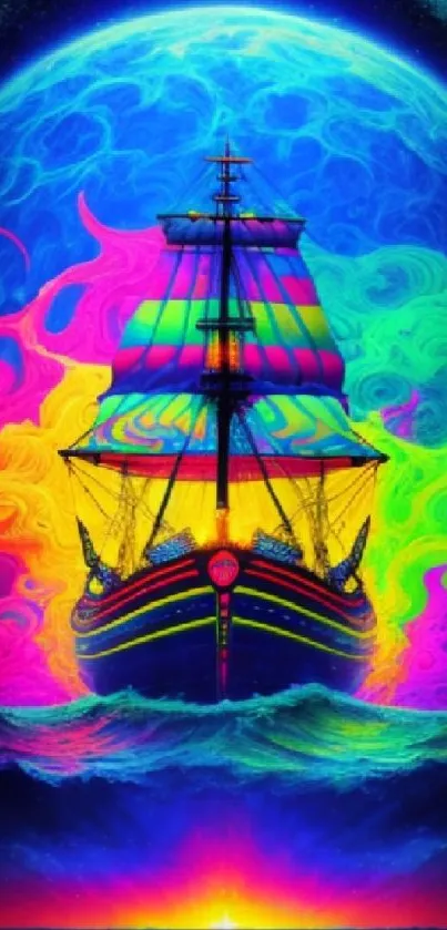 Vivid neon rainbow ship sailing in a cosmic backdrop.