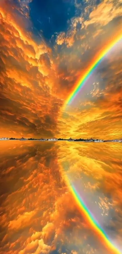 Stunning mobile wallpaper of rainbow and sunset reflected in water.