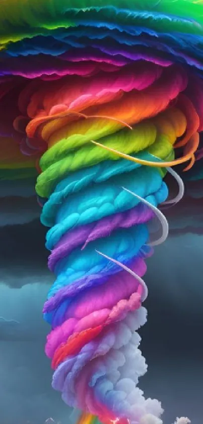 A colorful tornado with vibrant rainbow hues swirling dynamically.