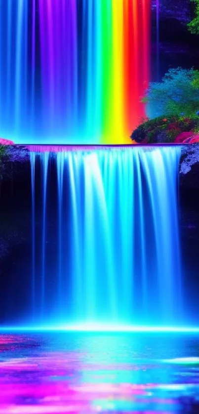 Colorful waterfall with rainbow hues, creating a vibrant and serene nature scene.